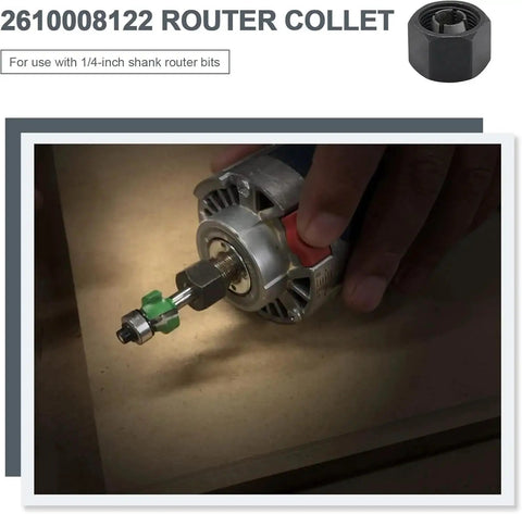 1/4 Inch Router Collet Replacement For PR20EVS Bosch Router, Brand New Unused, Durable Aluminum Build shown with router bit