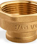 Close-up of brass reducing pipe coupling with female threads, 3/4 in to 1-1/4 in, Amazon brand