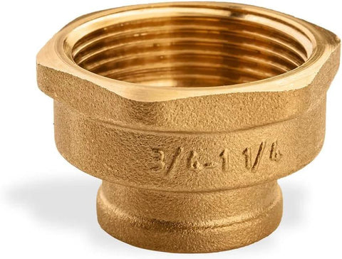 Close-up of brass reducing pipe coupling with female threads, 3/4 in to 1-1/4 in, Amazon brand