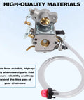 Carburetor Rebuild Kit For Poulan Pro Chainsaws And Craftsman 35cc 42cc Models Easy Install Complete Kit With Gaskets Fuel Line Filter Primer Bulb Spark Plug Adjustment Tool Walbro WT Compatible shown in detail with carburetor and fuel line.