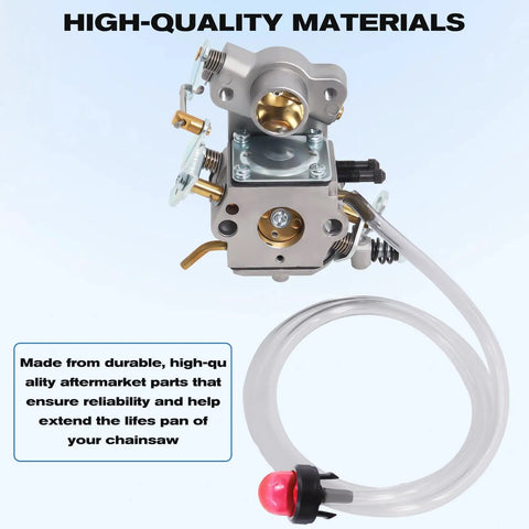 Carburetor Rebuild Kit For Poulan Pro Chainsaws And Craftsman 35cc 42cc Models Easy Install Complete Kit With Gaskets Fuel Line Filter Primer Bulb Spark Plug Adjustment Tool Walbro WT Compatible shown in detail with carburetor and fuel line.