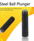 Steel ball plungers shown from two angles, emphasizing black hardened carbon steel construction and precision machining.