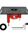 Heavy Duty Router Table Insert Plate With Manual Crank Lift Kit For Woodworking Benches features sturdy black tabletop and red crank lift kit.