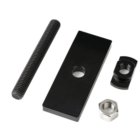 Needle bearing puller kit: four-piece set with a long black bolt, black puller plate with hole, small clamp, and silver nut.