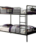 Twin Over Twin Metal Bunk Bed With Attached Ladder Full Pipe Frame Upper Guard Rails Antique Black Finish Built Tough For Boys And Girls Ideal Space Saving Loft Bed, side view
