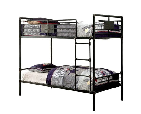 Twin Over Twin Metal Bunk Bed With Attached Ladder Full Pipe Frame Upper Guard Rails Antique Black Finish Built Tough For Boys And Girls Ideal Space Saving Loft Bed, side view