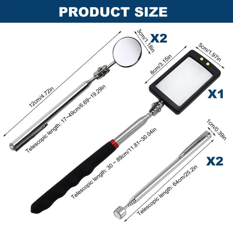 5 Piece Telescoping Inspection Mirror Set With Adjustable Round And Square Extendable Mirrors, LED Light for Mechanics