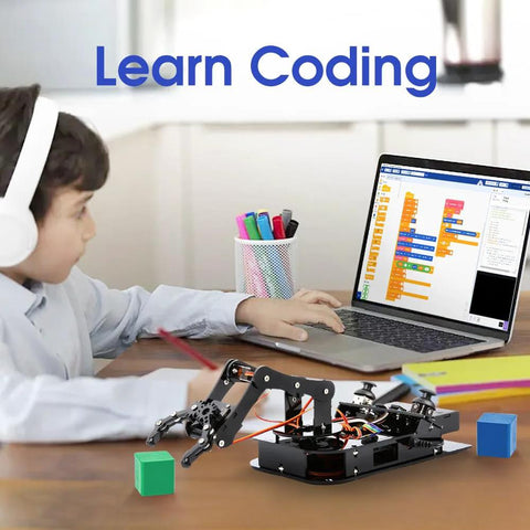 Front view of ACEBOTT 4-DOF ESP32 robotic arm kit on desk; black frame with orange wires beside laptop and green/blue blocks.