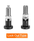 Heavy Duty Stainless Steel Push Fit Ball Nose Spring Plunger M16x1.5 Thread 8mm Pin self locking hardware, detailing lock out type.