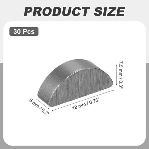 30 Piece Woodruff Key Set 19x5x7mm Carbon Steel Half Moon Keys for Mechanical Fasteners and Shaft Alignment, size dimensions shown.