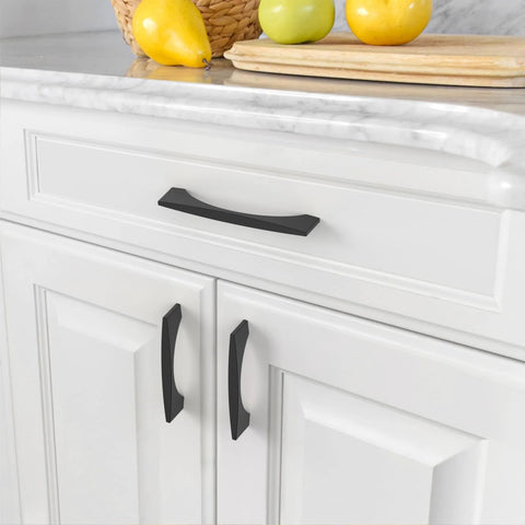 Matte Black Cabinet Pulls 5 Inch Center To Center 128MM 10 Pack Durable Cupboard Handles installed on white kitchen cabinets