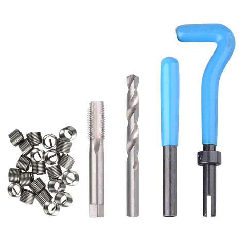 All-In-One 131-Piece SAE Thread Repair Kit with HSS Drill Helicoil Inserts, taps, and tools, shown with blue handles.