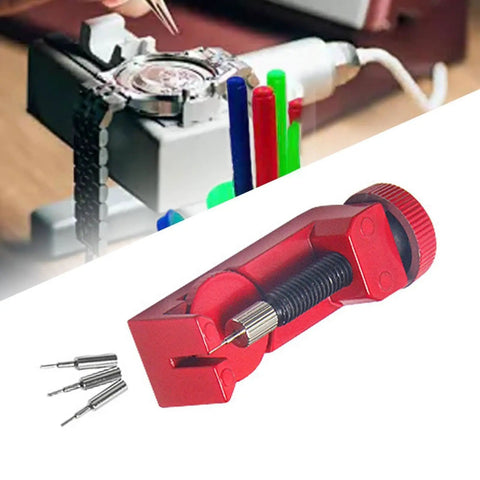 Must Have Watch Link Remover Kit With 4 Piece Set Pro Grade Band Pin Tool shown in use, red handle, and steel build.