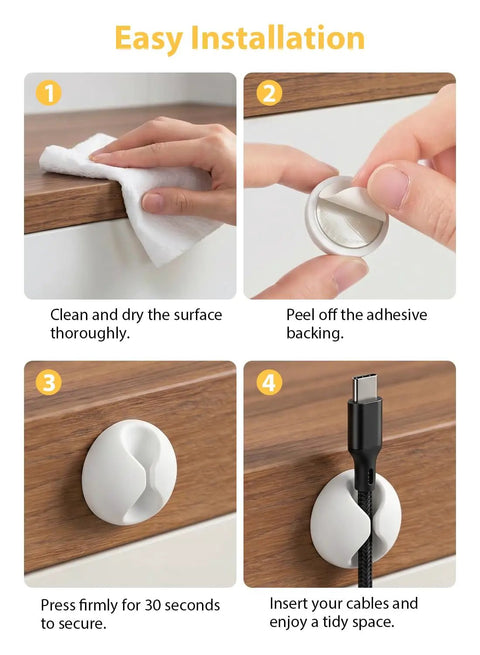 Step-by-step installation of 6 Pack White Cable Clips For Desk Nightstand And Car, Easy Cord Management Holders And Wire Organizers.