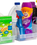 Heavy Duty Plastic Shelf Bins For Garage, Closet And Drawer Organization, Clear 12 X 6.5 X 4 Inch Bins, 12 Pack, holding cleaning supplies.