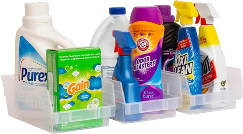 Heavy Duty Plastic Shelf Bins For Garage, Closet And Drawer Organization, Clear 12 X 6.5 X 4 Inch Bins, 12 Pack, holding cleaning supplies.