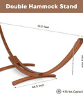Sturdy wooden stand for cozy double hammock, 13.5 feet long, 46.5 inches wide, 475 lb capacity, for outdoors relaxation.