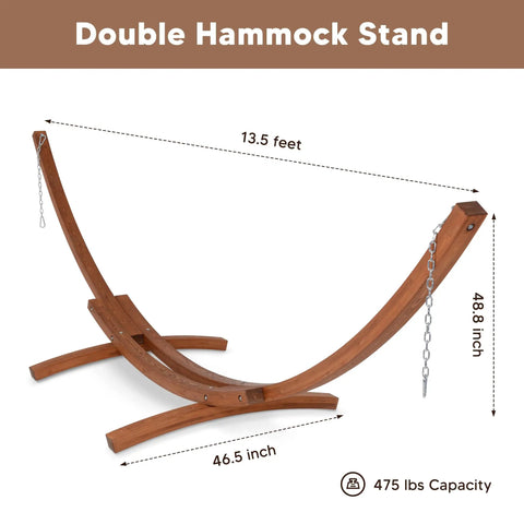 Sturdy wooden stand for cozy double hammock, 13.5 feet long, 46.5 inches wide, 475 lb capacity, for outdoors relaxation.