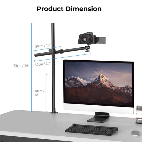 Overhead Desk Mount For Cameras And More Flexible Arm Stand With 360 Degree Ball Head product dimensions for desktop use