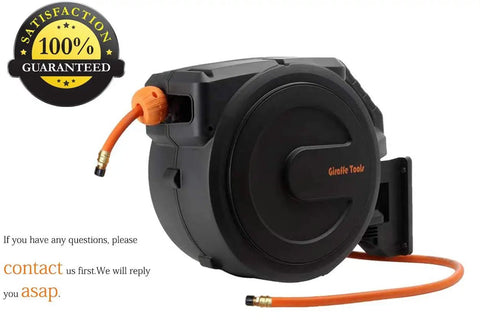 Retractable Air Hose Reel With Enclosed Housing, Three Eighths Inch By 50 Ft Hybrid Hose, Wall Mount With 180 Degree Swivel Bracket, Locking Length, Lightweight Yet Durable Garage Compressor Hose Reel, 300 PSI