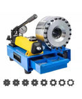 Heavy Duty Hydraulic Hose Crimping Machine Featuring Eight Precision Steel Molds, yellow and blue tabletop design, close-up view.