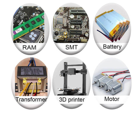 Various electronics components including RAM, SMT, battery, transformer, 3D printer, and motors in separate circles.
