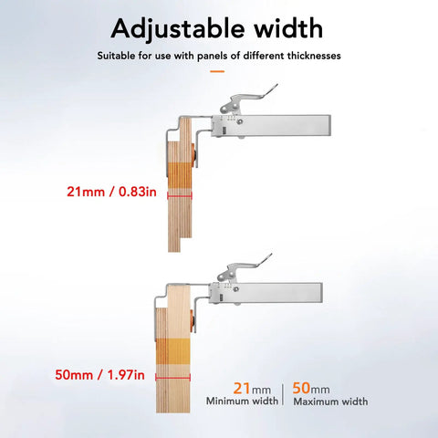 Rock Solid Adjustable Drawer Clamp 21 To 50Mm Wide Single Press Alloy Steel Stabilizer showing adjustable width from 21mm to 50mm.