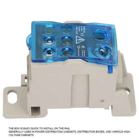 Top Shelf Heavy Duty 125A Din Rail Terminal Block For Cabinet Wiring Projects Feature Sturdy design with blue cover for easy connections.