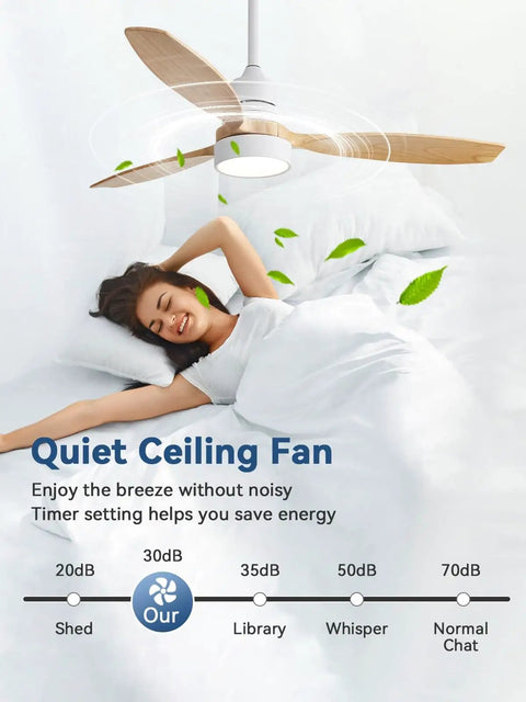 52 Inch Modern Wood Ceiling Fan With Lights Remote Control Reversible DC Motor Quiet Noiseless for bedroom with person sleeping