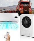 12V Truck Air Conditioner 8000 BTU Parking Split Mini AC Unit For Semi Trucks Trailers Sleep Cab DC Inverter With Brushless Motor Quiet Fast Cooling 260 CFM displayed with remote control in foreground