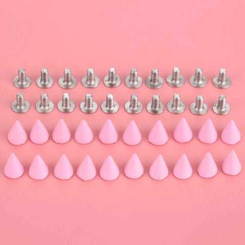 Pink 7X10MM Cone Punk Screw Back Spikes And Premium Heavy Metal Studs To Upgrade Badass Fashion Apparel Embellishments Gonna Slay Leather Crafts And Dope Diy Projects Today, showing pink cone spikes and metal screw backs.