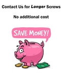 Illustration of a pink piggy bank with a speech bubble "Save Money" above, promoting longer screws at no additional cost.