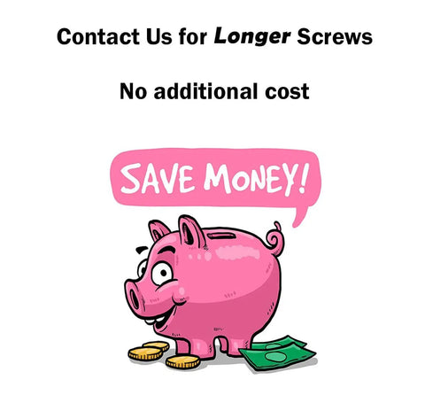 Illustration of a pink piggy bank with a speech bubble "Save Money" above, promoting longer screws at no additional cost.