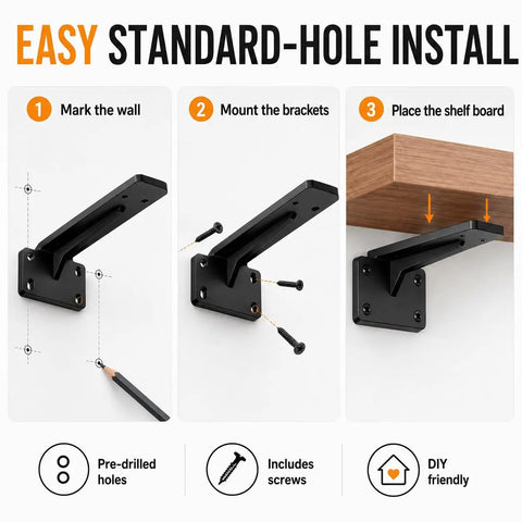 Installation steps for Shelf Bracket Beefy Heavy Duty L Bracket White 39cm with screws, showing marking, mounting, and placing shelf board.