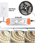 Image of 24V 60W Dimmable LED Driver Power Supply with universal regulation, SCR dimming, connected to a LED strip, showing dimming levels.
