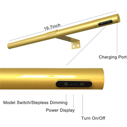 19.7 Inch Wireless Battery Operated Picture Light With Remote Control For Art Frames, gold finish, close-up view with controls