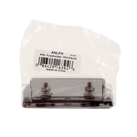 Straight Up Heavy Duty ANL Fuse Holder With Slick Clear Cover For Car Audio Rigs in packaging, showing nickel plated connectors.