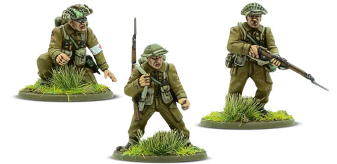 British And Canadian Army Infantry 28mm Plastic Miniatures For Bolt Action War Game 1943 To 1945 with rifles on grassy bases