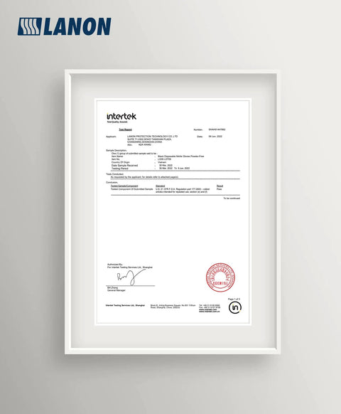 Framed certification document from Intertek for Black Nitrile Disposable Gloves 6 Mil Heavy Duty With Grippy Textured Fingertips.