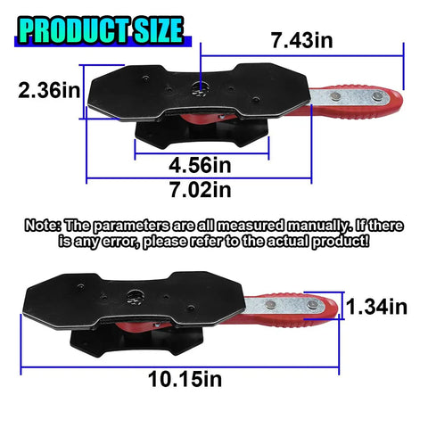 Side view of DIY Friendly Pro Grade Brake Caliper Press Tool For Auto Repair, showing measurements and steel plates, manual read.
