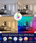 Smart 2 Inch Recessed LED Downlight Kit That Slaps 5W 120V Dimmable RGB CW Color Changing 2700K To 6500K Works With Alexa And Google Assistant Ceiling Lights With LED Driver Pack Of 10 showcasing different lighting presets in a modern living room.