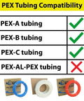 Half Inch Brass PEX Fittings Kit compatibility with PEX-A, PEX-B, PEX-C; shown with blue, white, red tubing.