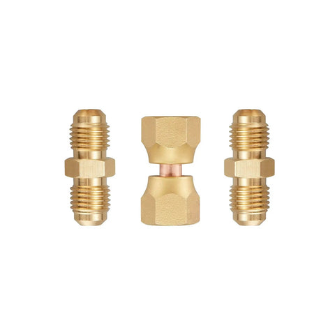 Brass 1/4 Inch Flare Male Adapter And 1/4 Inch Flare Swivel Nut Set Pack Of 6 Durable Fittings For LP Gas And Natural Gas Corrosion Resistant High Temperature Tolerant Premium Brass Construction, set of brass flare adapters