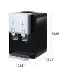 Side view of a desktop water cooler dispenser with hot and cold water, black and white, featuring child safety lock and top loading.