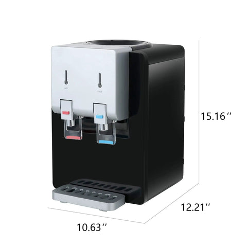 Side view of a desktop water cooler dispenser with hot and cold water, black and white, featuring child safety lock and top loading.