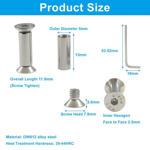 Dimensions and components of 10 Pcs Knife Handle Screws and Fasteners Set with hex flat head for blade fixing, M4 shafts, 12mm rods.