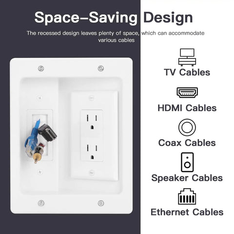 All In One Wall Cable Concealer Kit For TV Setup, recessed outlet box with brush wall plate showing cable types and space-saving design