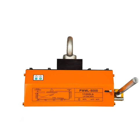 Heavy Duty Neodymium Magnetic Lifter For Round Steel Pipes And Flat Plates 10000 Lbs crane hoist with orange housing and lifting hook.
