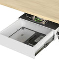 Spacious Under Desk Drawer Featuring Silky Slide Out Rails And A Rock Solid Side Lock Heavy Duty White Steel Organizer For Storing Your Office Gear And Keeping Desks Clutter Free, with iPad and accessories inside.