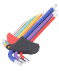 Solid Multi Color Hex Wrench Set With Long Arms For Tight Spots, CR V Steel Heavy Duty 9 Piece Key Kit Perfect For DIY Repairs And Garage Projects. 9-piece CR-V long arm hex wrench set with color-coded keys and holder